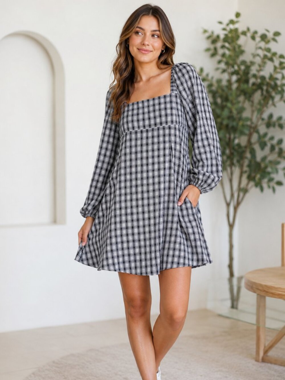 Reverof Square Neck Balloon Sleeve Black White Plaid Baby Doll Mini Dress